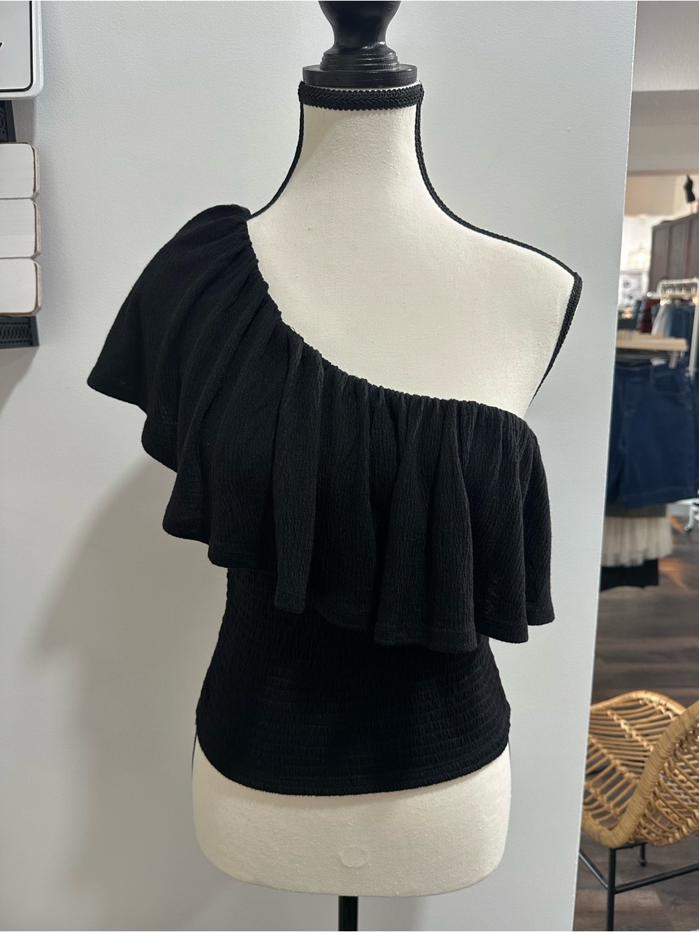 Gentle Fawn Black One-Shoulder Ruffle Crop Top